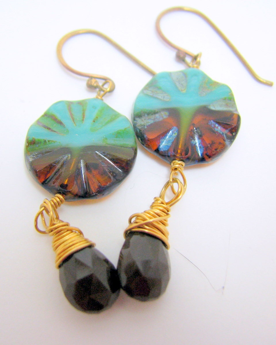 Dangle Earrings Gold, Turquoise Amber Czech Glass Coins Brown Chalcedony Briolettes