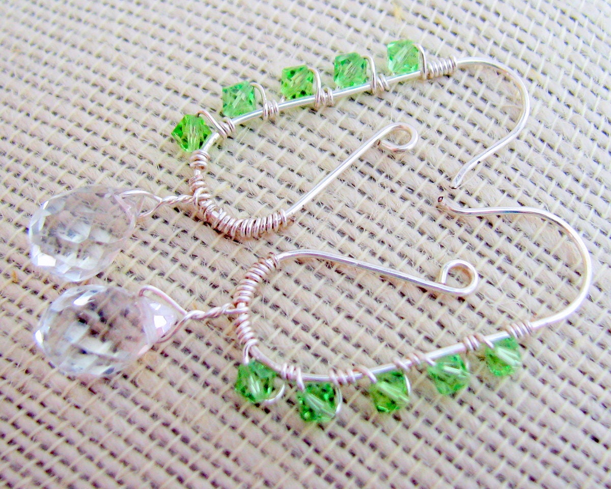 Silver Dangle Earrings Clear Crystal Green Swarovski