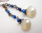 Dangle Earrings, Pure Copper, Gemstone, Pearl Chalcedony, Agate, Blue, Antiqued