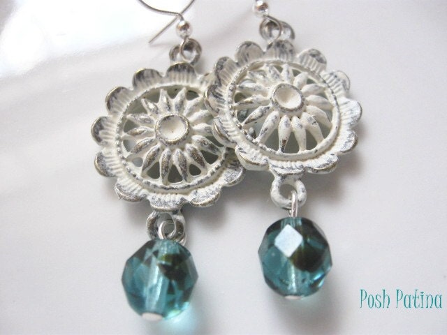 Cottage White Earrings, Dangle, Shabby Chic, Daisies, Flower Earrings, Turquoise, Hand Painted, Gift for Her