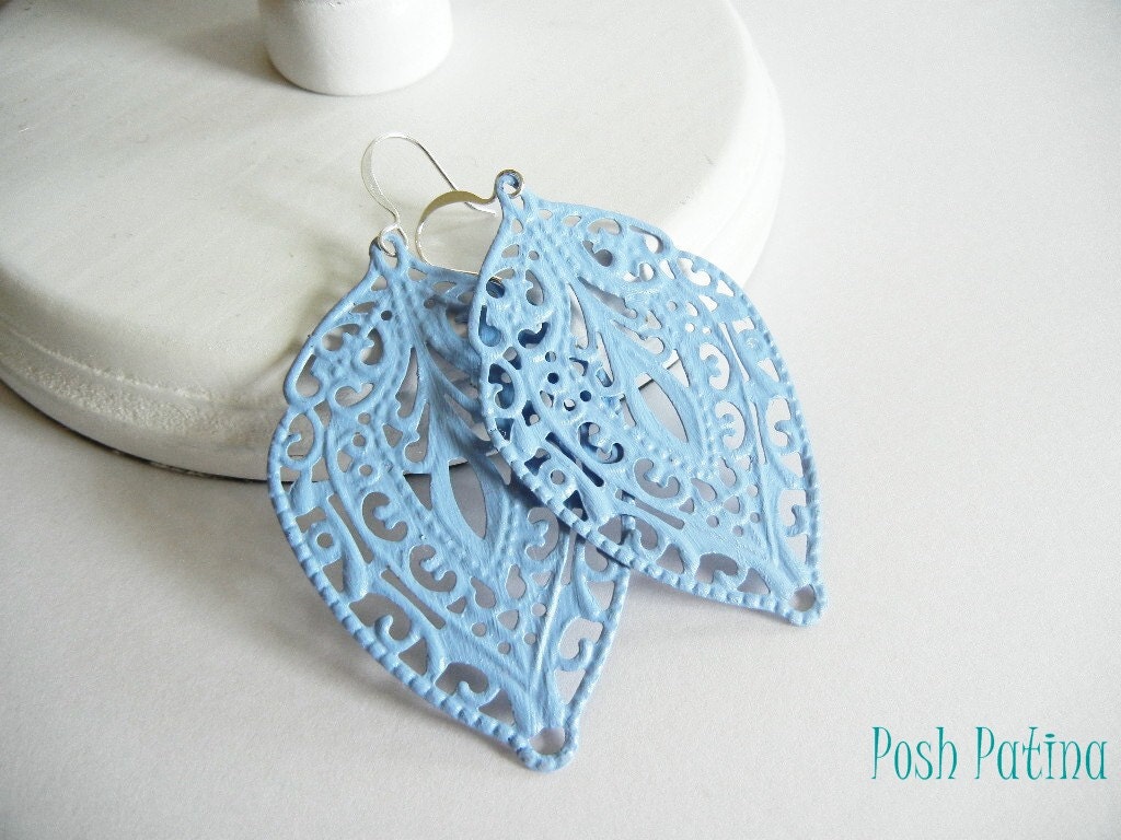Summer Hyacinth Dangle Earrings, Hand Painted, Cornflower Blue Earrings, Summer Melon, Pink, Filigree Earrings, Gift for Her