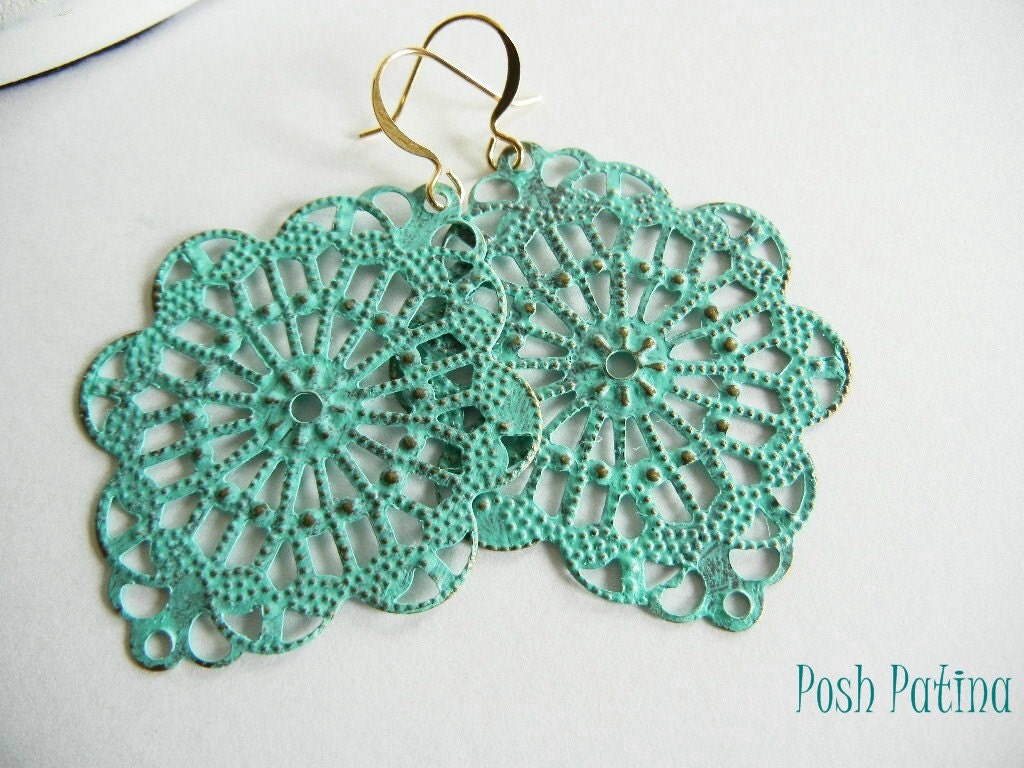 Shabby Chic Verdigris Earrings, Chandelier, Hand Painted, Dangle, Distressed, Cottage Chic, Gift for Her