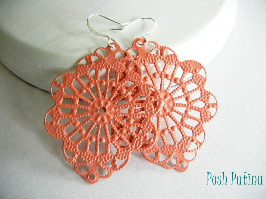 Pink Melon Earrings, Chandelier, Hand Painted, Dangle, Filigree, Peach Earrings, Tropical, Gift for Her
