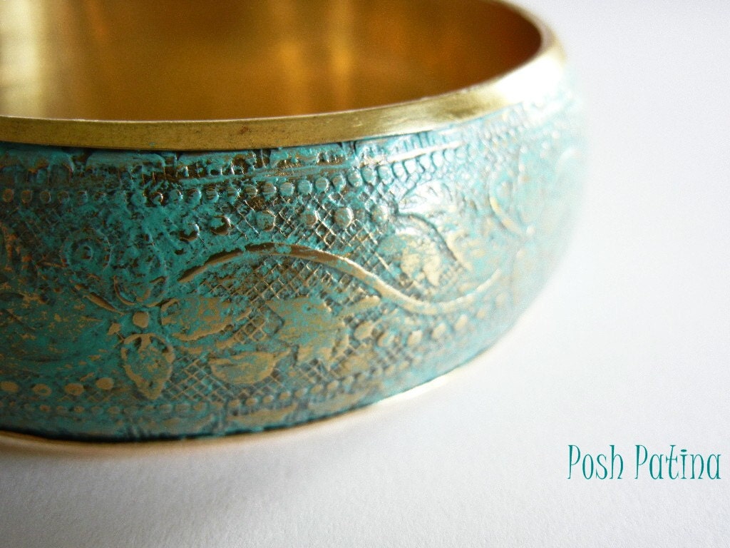 Floral Patina Bracelet, Bangle, Verdigris, Melon, Hand Painted, Brass, Flower Bracelet, Distressed, Gift for Her