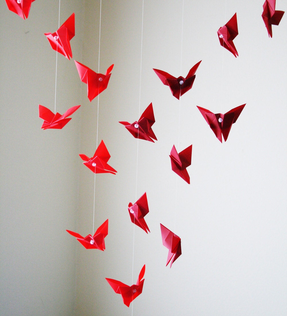 Origami Mobile - Fluttering Butterflies - Hanging Decor - Origami Paper Sculpture - Modern Mobile