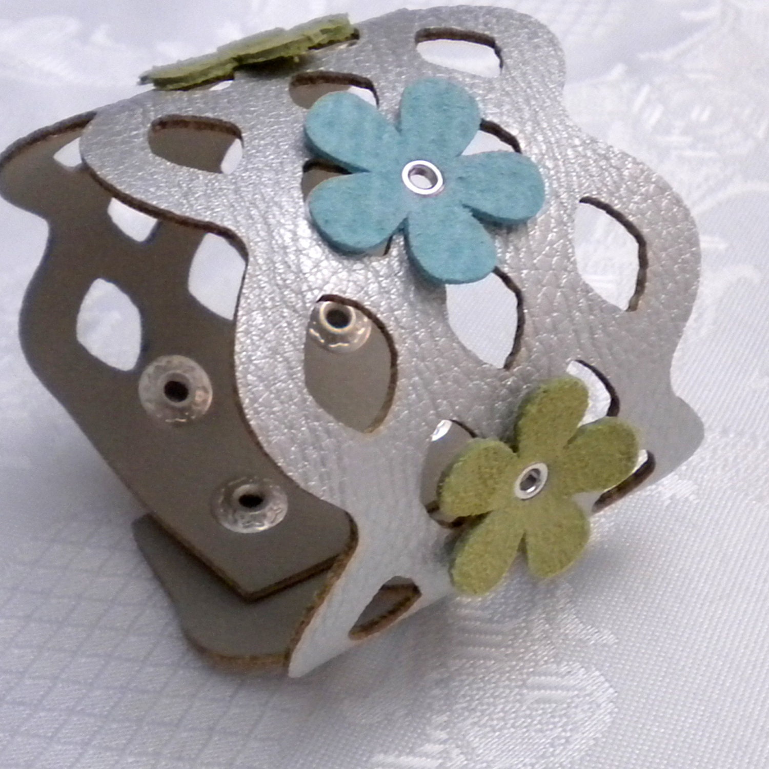 50 OFF SALE Faux Silver Leather Cuff Bracelet Lace Scallop - Suede Flowers - Snap Closure