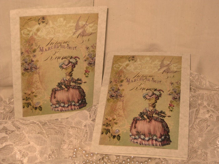 Vintage French Design Marie Antoinette Handmade Cards Adormed with Bling on Parchment ECS