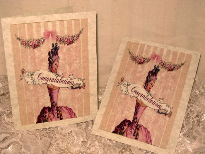 Vintage French Design Marie Antoinette Congratulations Handmade Cards Adormed with Bling on Parchment ECS