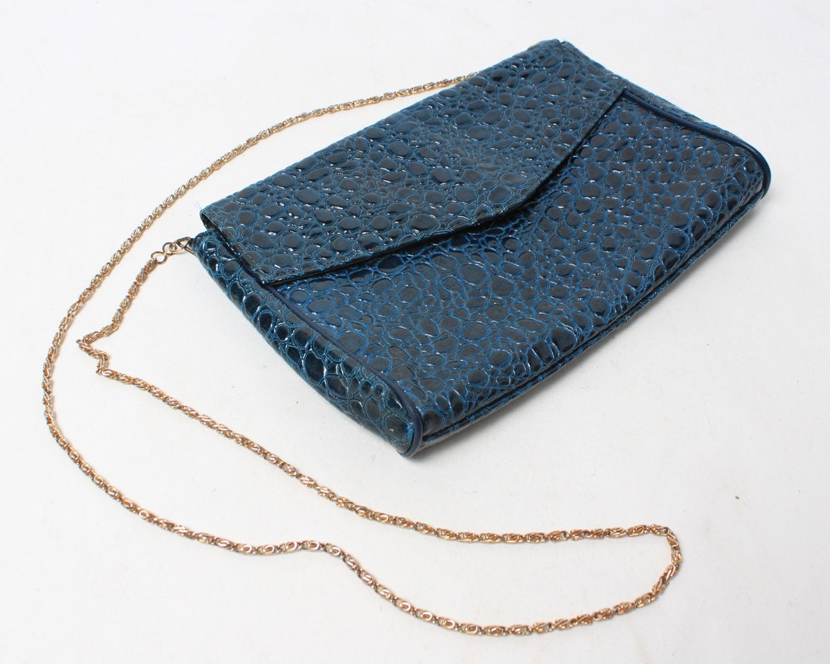 Purse Clutch Shoulder Handbag in Navy Blue Croc Patent Leather