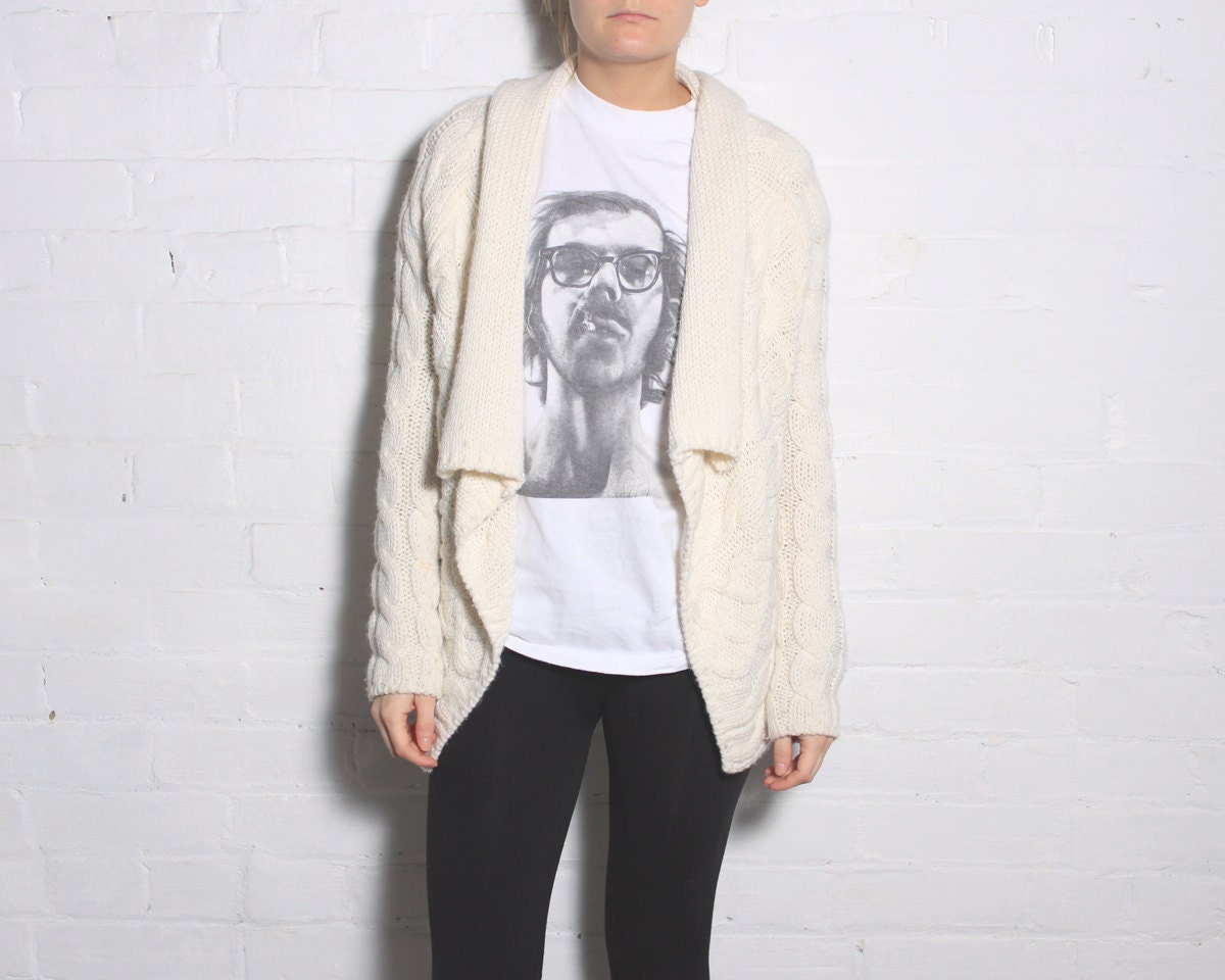 Knit Cardigan Drape Sweater - Tapered Hem in Ivory - Size small