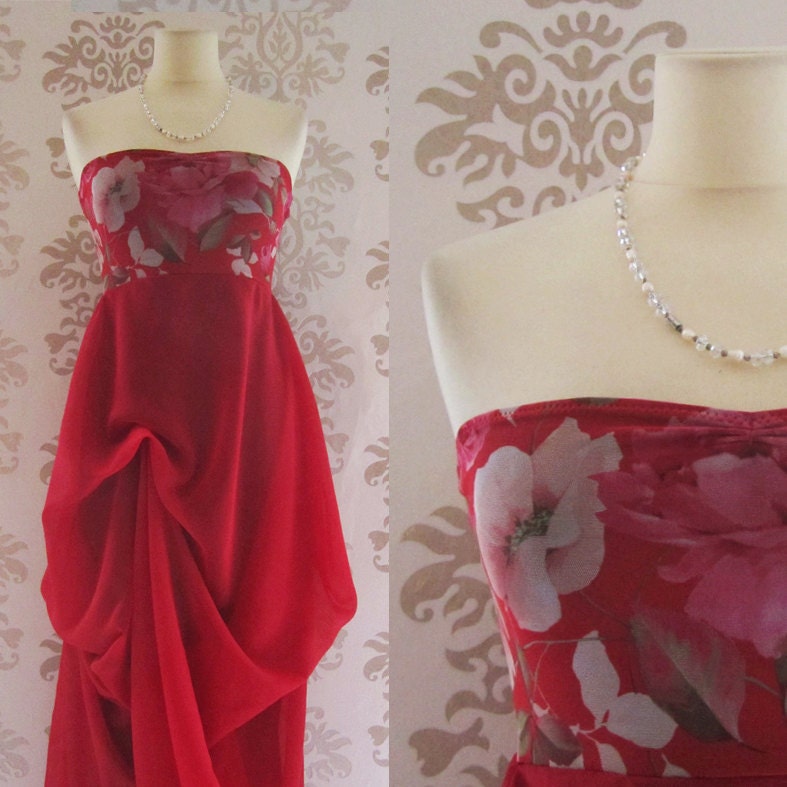 Custom Beach Sweetheart Chiffon Long Prom Evening Party Bridesmaid Cocktail Dress : ROSELYN Red Floral Strapless Dress Custom Size