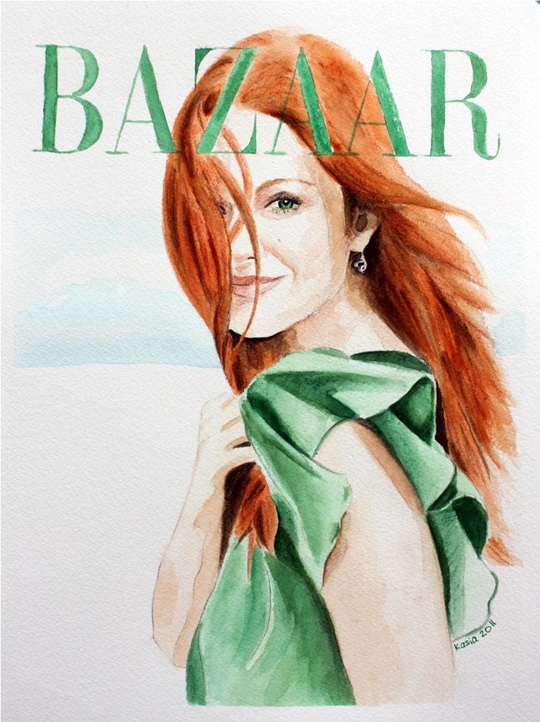 Harper's Bazaar. Julianne Moore. Original Watercolor. 9x12.