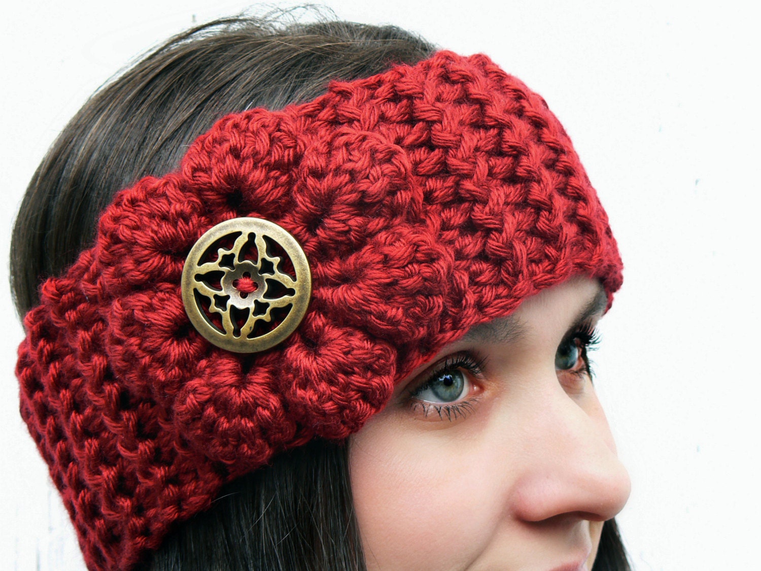 Pick Your Color/ Red Boho Chic Headband Ear Warmer with Acrylic Yarn and a Large Flower with a Lace Antique Brass Metal Button Center