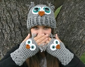Adult Owl Hat with Aqua Safety Eyes and Crocheted with Gray Acrylic Yarn Woman's Sizes - MakingsofShannaTice