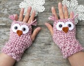 Crochet Owl Fingerless Gloves Wrist Warmers with Pink Safety Eyes and Soft Multi-Toned Pink Acrylic Yarn Woman's Sizes