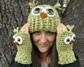 Crochet Owl Fingerless Gloves Wrist Warmers with Green Safety Eyes and Soft Multi Toned Green Acrylic Yarn Woman's Sizes - MakingsofShannaTice