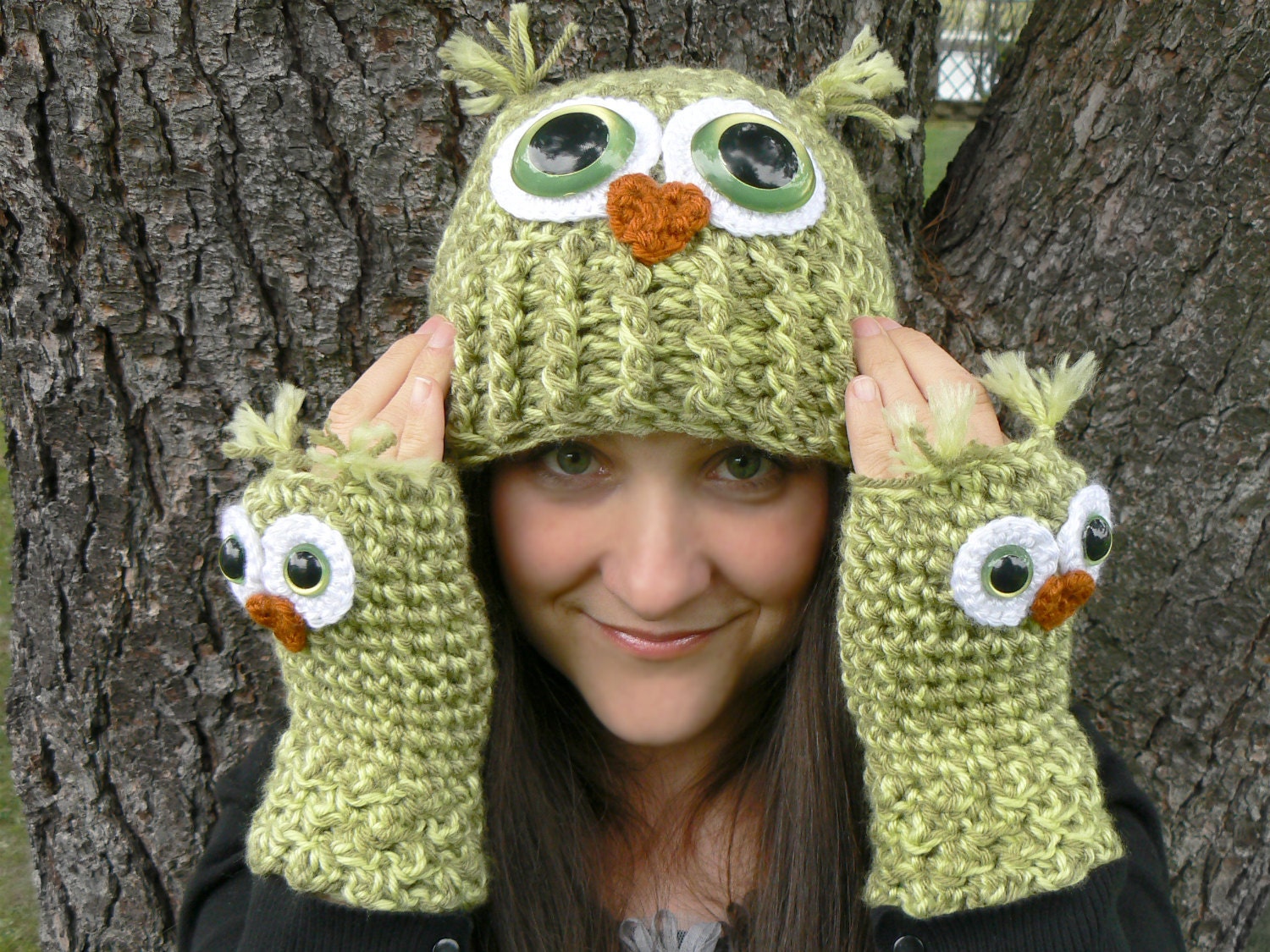 Crochet Owl Fingerless Gloves Wrist Warmers with Green Safety Eyes and Soft Multi Toned Green Acrylic Yarn Woman's Sizes
