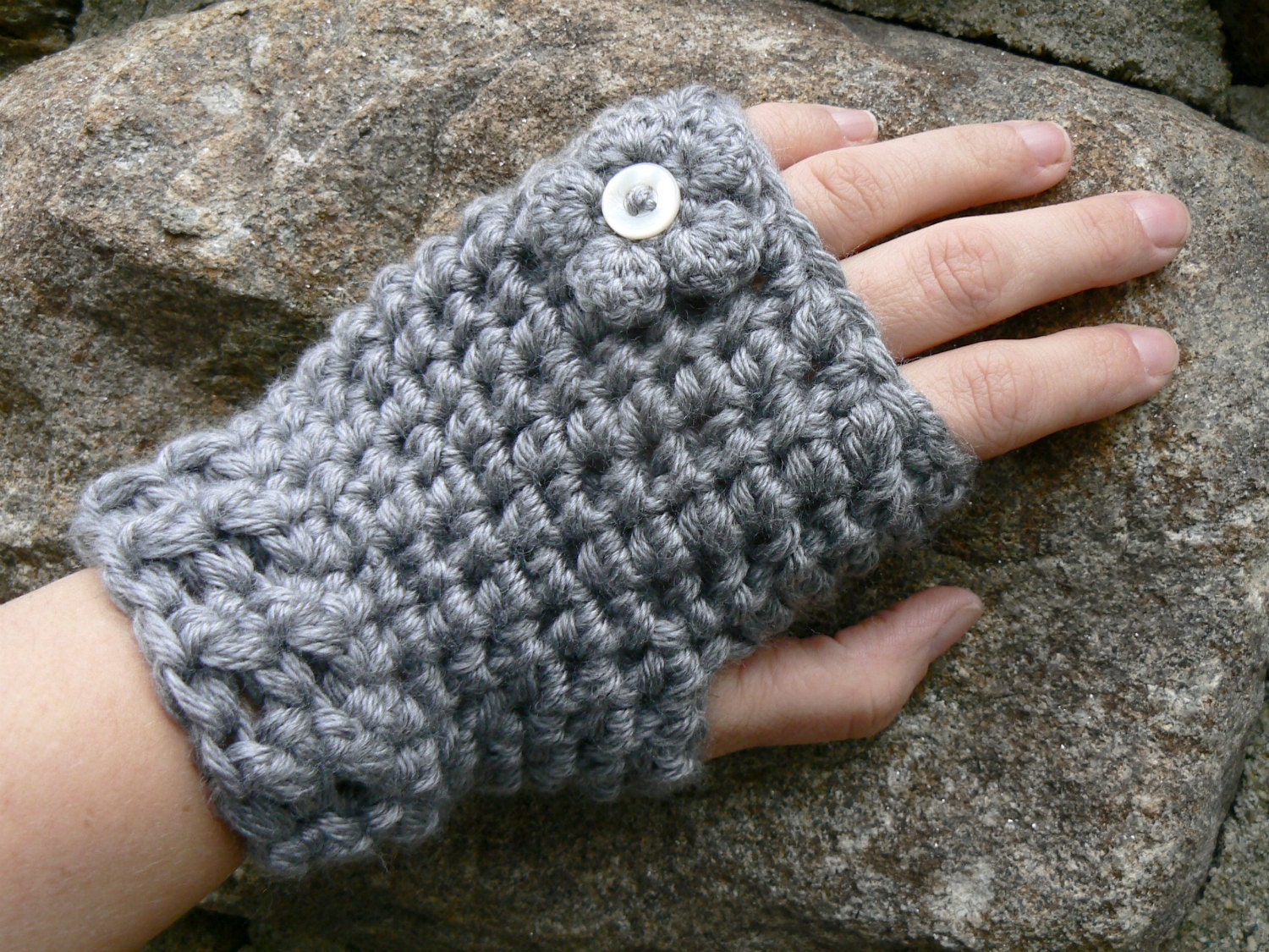 Pick your color KISS Gray Fingerless Gloves with a Mini Button Center Flower Crocheted with Vegan Friendly Acrylic Yarn