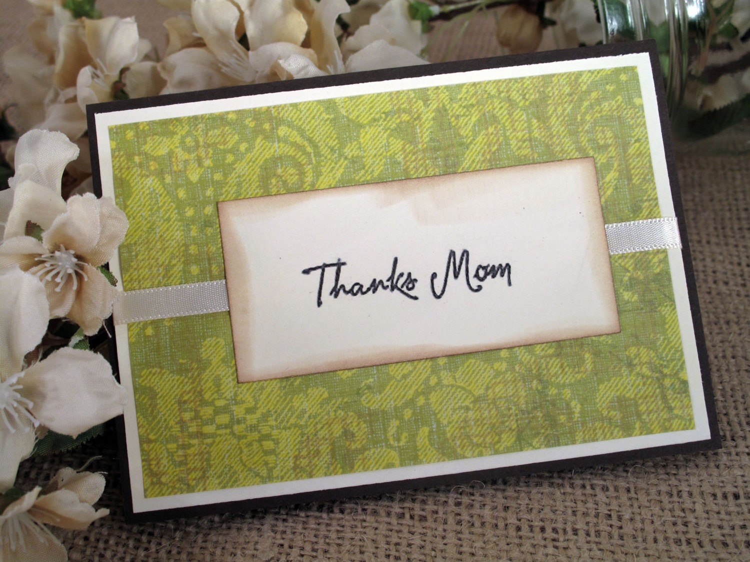 Mothers Day Thanks Mom Handmade Card - Green & Cream