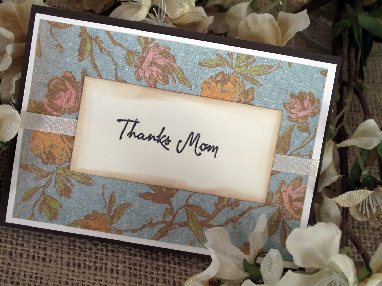 Rustic Vintage Floral Thanks Mom Handmade Card