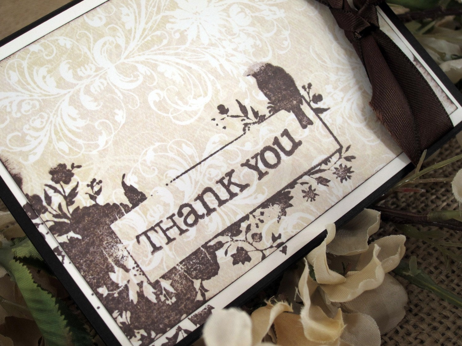 Rustic Brown and Ivory Bird Inspired Handmade Thank You Card