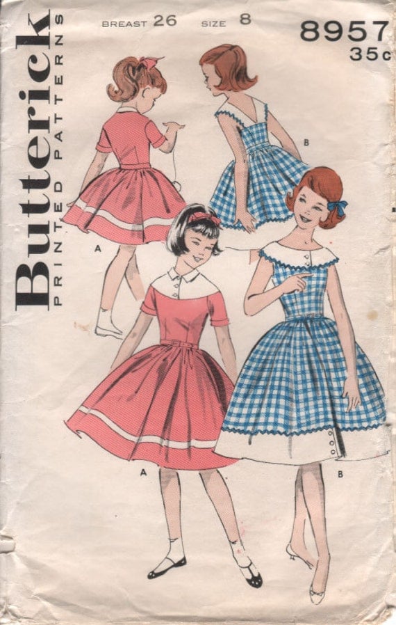50s Vintage Sewing Pattern Girls' FULL SKIRT DRESS Open Neckline or Short Sleeves - size 8 - chest 26" (66 cm) - Butterick 8957