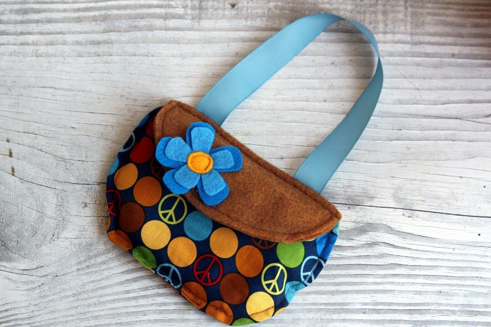 Purse I Spy Bag, Eye spy, Search and Find Travel Toy Blue Brown Mustard Dots Peace Flower