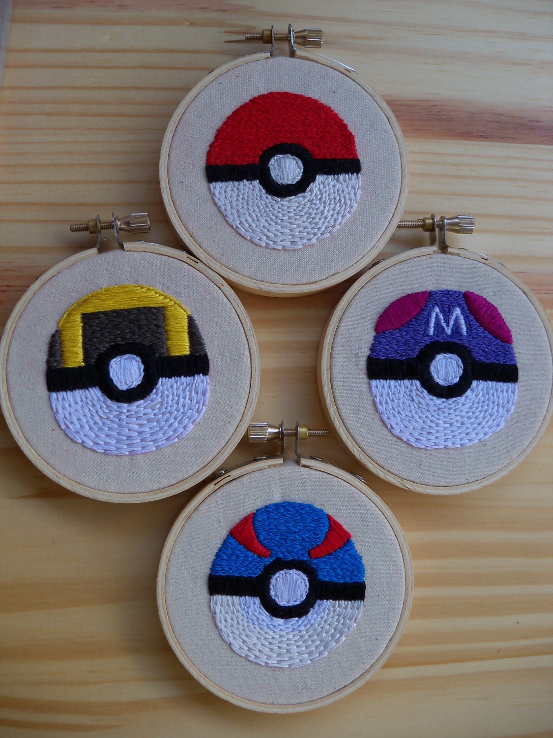 Pokeballs Embroidered Set of Four Ornaments - Handstitched Decoration Wall Ornament Office Home