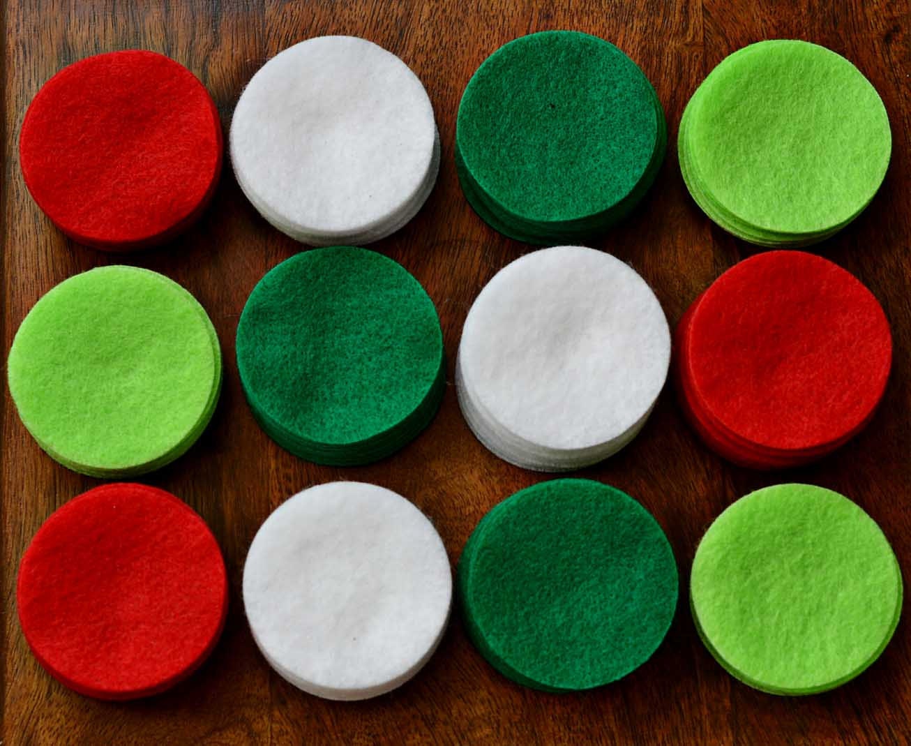 Christmas Felt Die Cut Circles 2 inches Red, White, Green, Neon Green