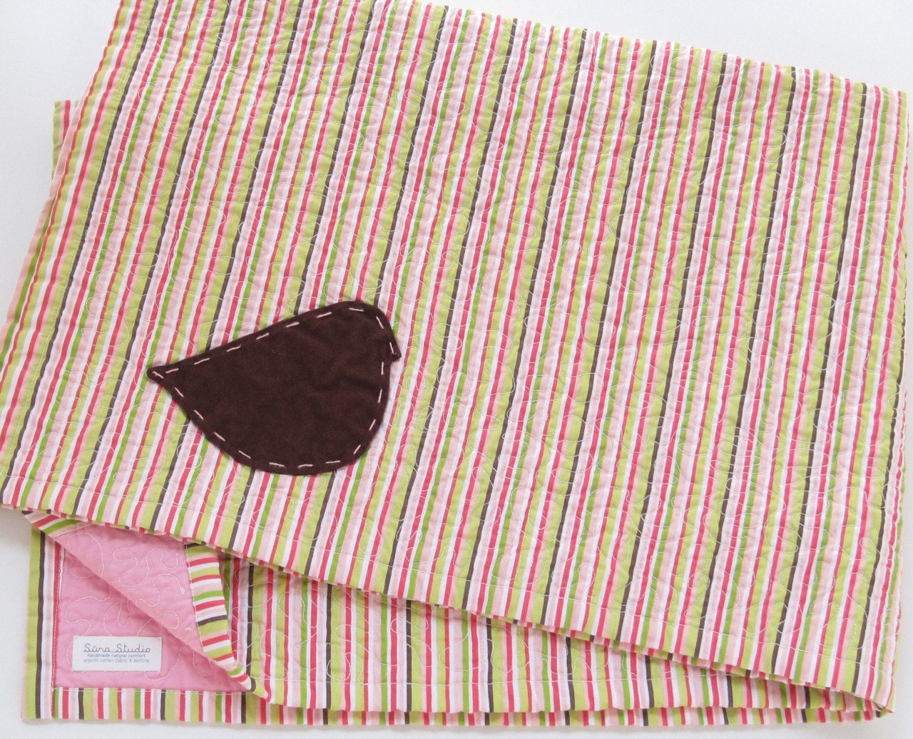 organic baby quilt / fat birdie / handmade / modern / stripes / pink / green