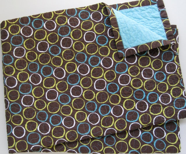 organic baby quilt / handmade / modern / boy / bold / circles / brown / blue