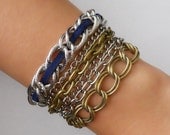 Blue ASSEMBLY multi-chain bracelet, antique bronze chains, silver chains, leather suede, friendship bracelet, layered bracelet
