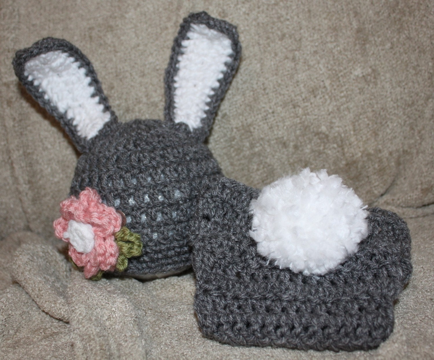 Fancy Baby Bunny Hat and Diaper Cover Set, Grey with White Fluffy Tail and Removable Flower-You Choose Size, Preemie, Newborn, Infant