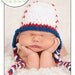 Baby Baseball Hat with Earflaps and Braided Ties, White with Red and Blue Accents, You Choose Size- Preemie, Newborn, infant