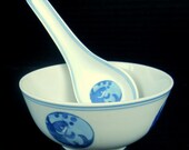 Blue and White Egg Soup BOWLS and SPOONS from China  / 6  bowls with a spoon to match each