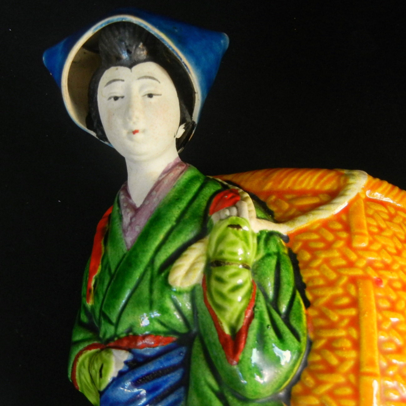 Japanese Majolica WALL POCKET VASE of Rural Women with Basket