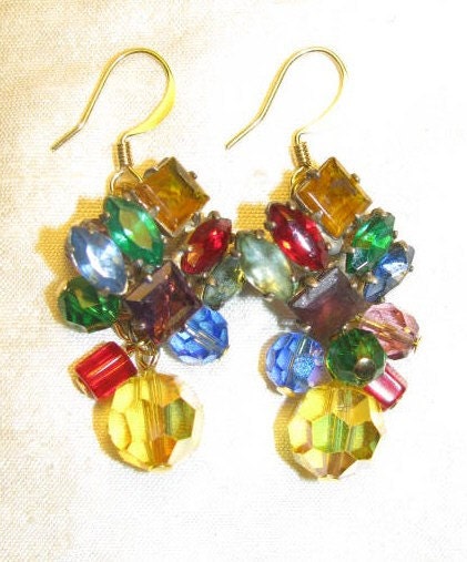 Multi Color Rhinestone Crystal Drop Vintage Costume Jewelry Confetti Earrings