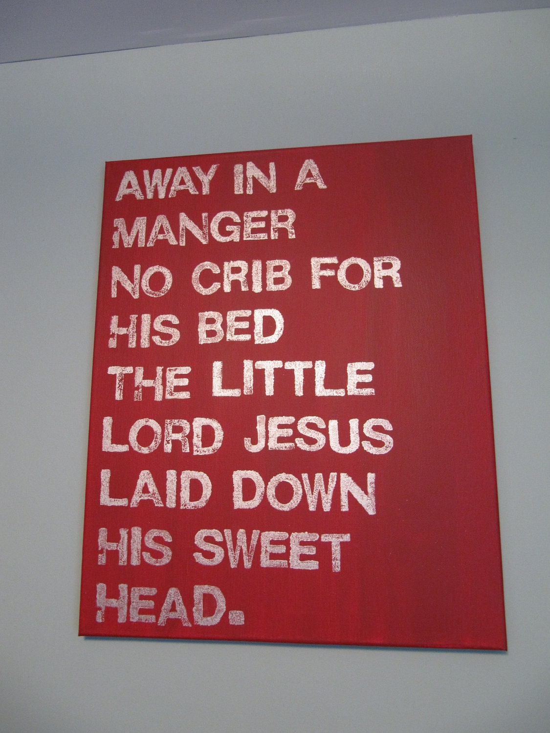 16X20 Canvas Sign, Holiday Sign, Christmas Decoration, Gift, Ready to Ship, Last Minute, Away In A Manger, Red and Silver