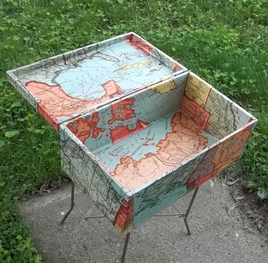 Upcycled Vintage School Map of the World Wooden Chest PRICE REDUCED