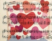 Hearts, Hearts, Hearts Print on Vintage Sheet Music