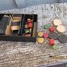 Vintage wood game Parcheesi pieces box checkers dice rounds