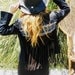 Black blazer with blue aztec fabric on back and brown lambskin leather fringe and bell sleeves size small/medium