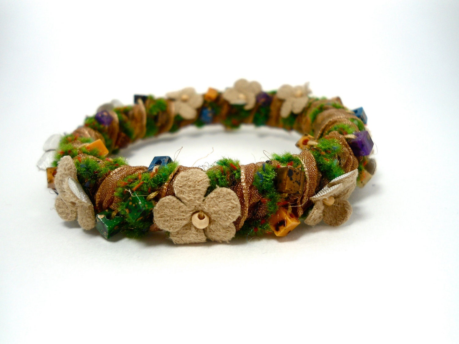 beige green brown flower bangle- floral jewelry-  boho- for woman - holidays- woodland bracelet - SweetLakeJewelry