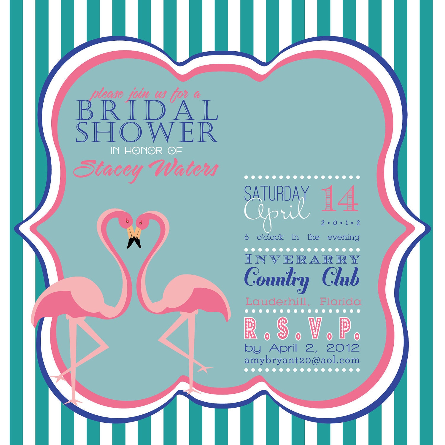 Adorable Flamingo wedding or bridal shower invitation teal pink blue or coral DIY available