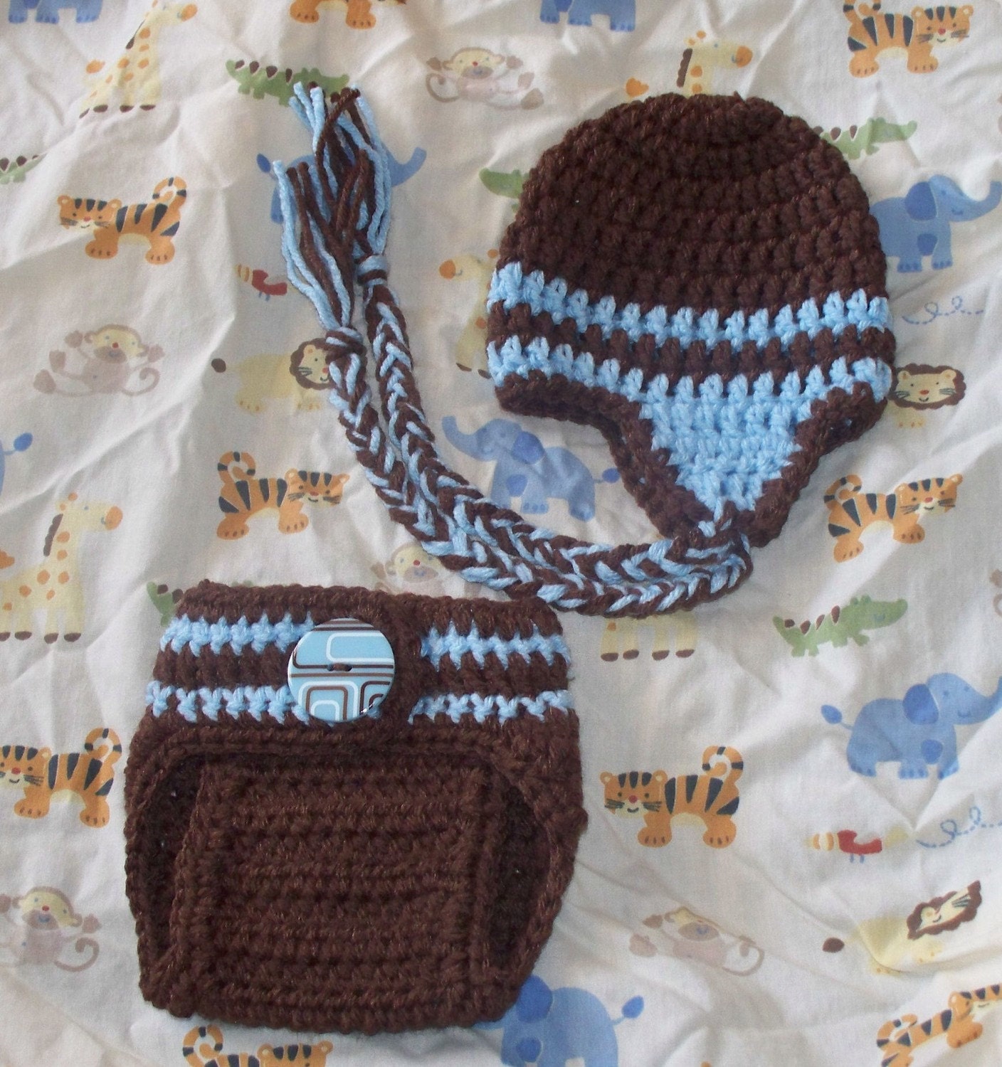 Baby Hat Diaper Cover SET / Chocolate and Baby Blue Ear Flap Beanie and Diaper Cover / you choose size / DaddyMackHats / Photo Prop