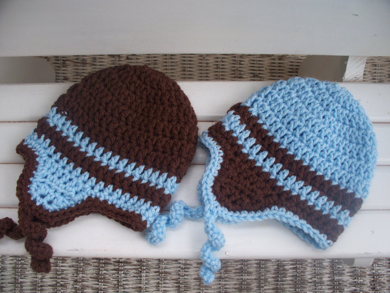 Twin Set / Boys Eaf Flap Beanies in Chocolate and Baby Blue / you choose size / DaddyMackHats / photo prop
