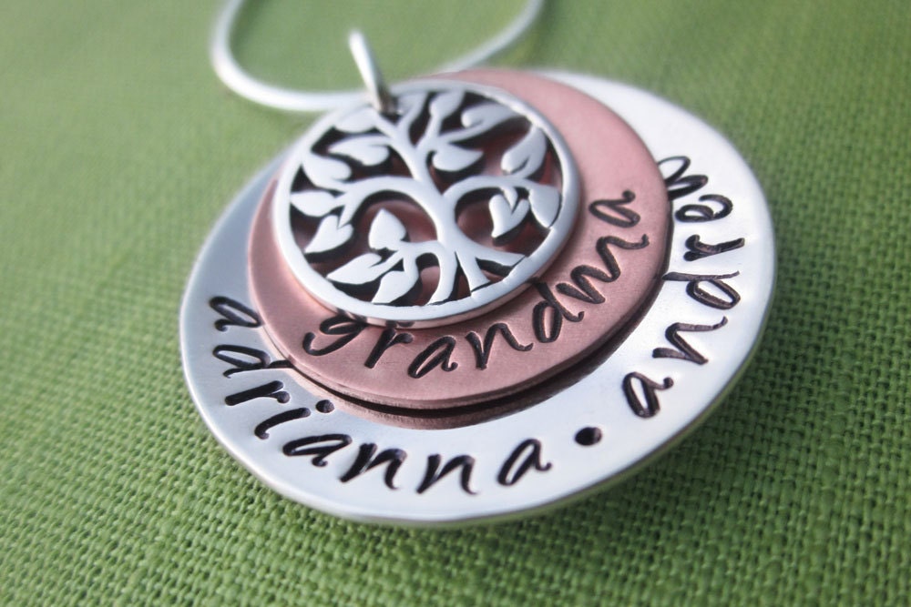 Small Grandma Necklace with Tree of Life Charm - Sterling Silver and Copper - Personalized Grandma Necklace - Hand Stamped Jewelry