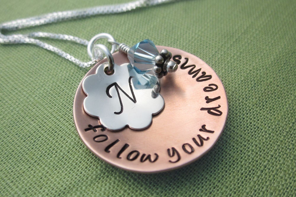 Follow Your Dreams with Monogram Necklace - Personalized Graduation Jewelry - Sterling Silver & Copper - Inspirational Jewelry