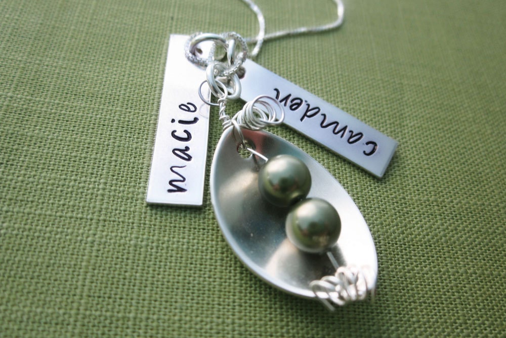 Peas in a Pod Necklace - For Mother of Two - Sterling Silver Name Tags - Personalized & Hand Stamped Jewelry