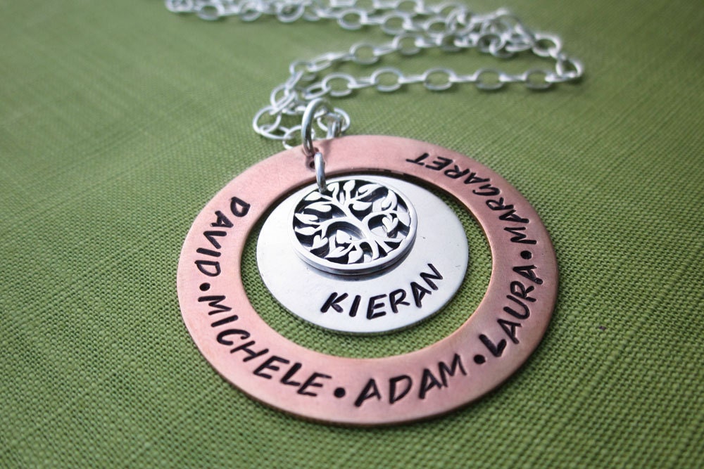 Personalized Grandma Necklace - Many Names with Tree of Life Charm - Sterling Silver & Copper - Hand Stamped Jewelry